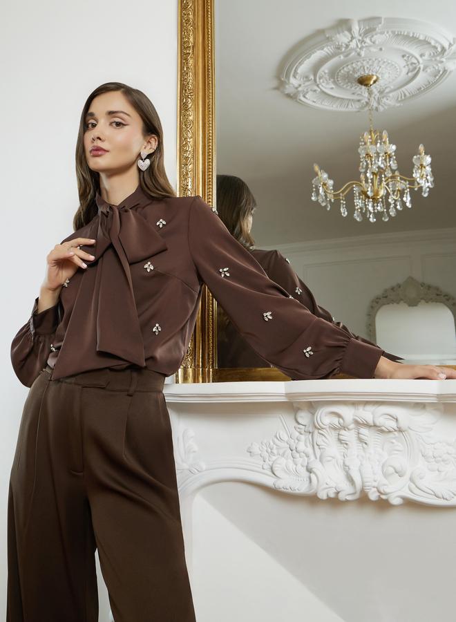 Styli Women Coffee Brown Embellished Blouse - Image 5